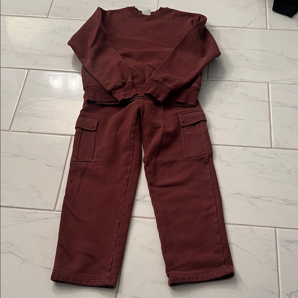 TNA brown Cargo Joggers and crew neck sweater shirt